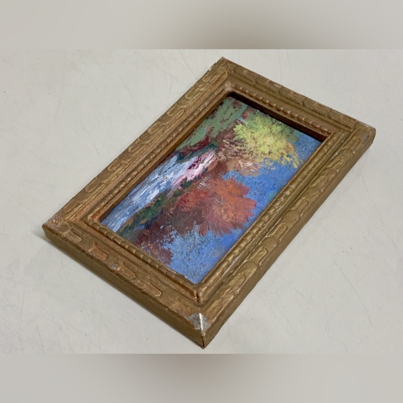 Antique Miniature Gold Painted Wooden Framed Original Nature Scene Oil Painting - Picture 13 of 16